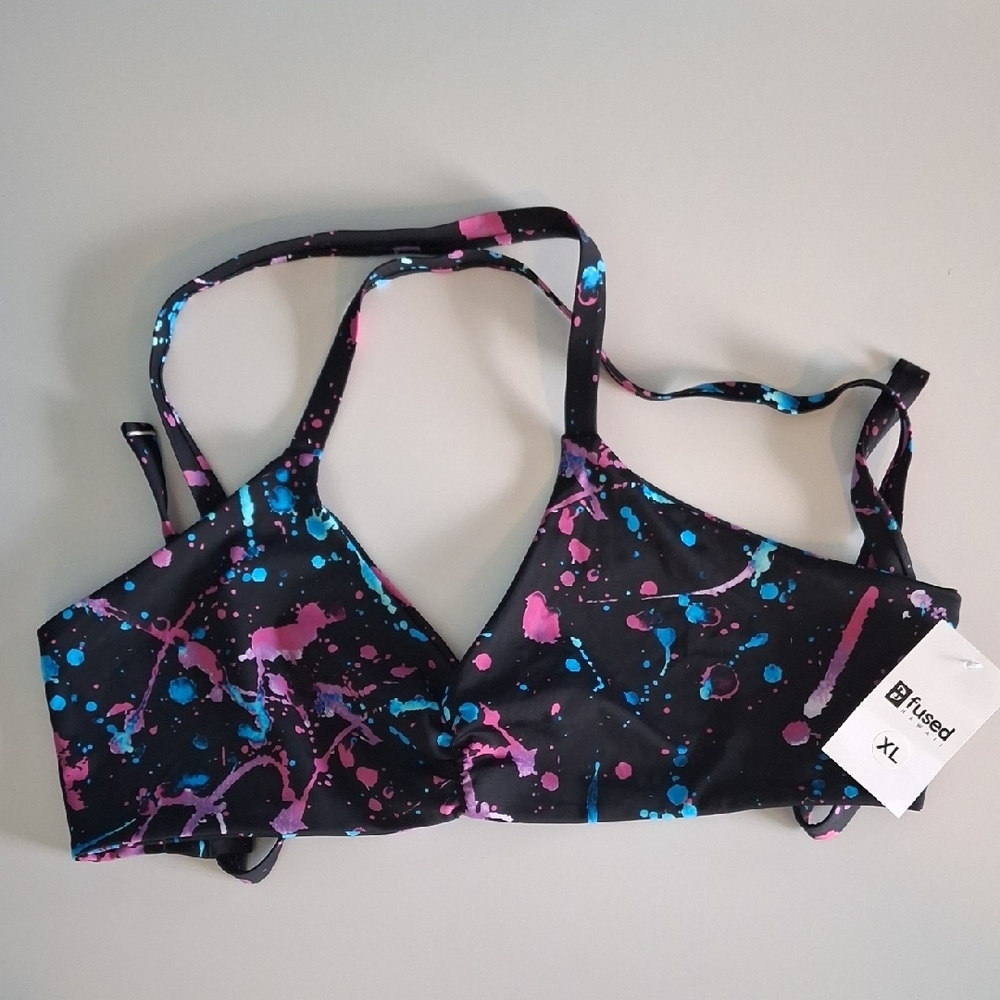 Fused Women's Black Bikini Top with Pink and Blue Accents